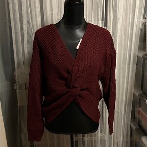 Love Tree Deep Red V-Neck Twist Sweater